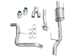 AWE Regular Cab 0FG kit parts laid out: pipes, muffler, Y-piece, clamps and Chrome tips