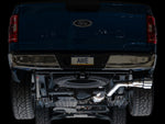 Underside of a blue F-150 Regular Cab showing the installed AWE 0FG side exit
