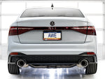 Rear view of a white 2022+ Jetta GLI in a studio fitted with AWE dual exhaust tips