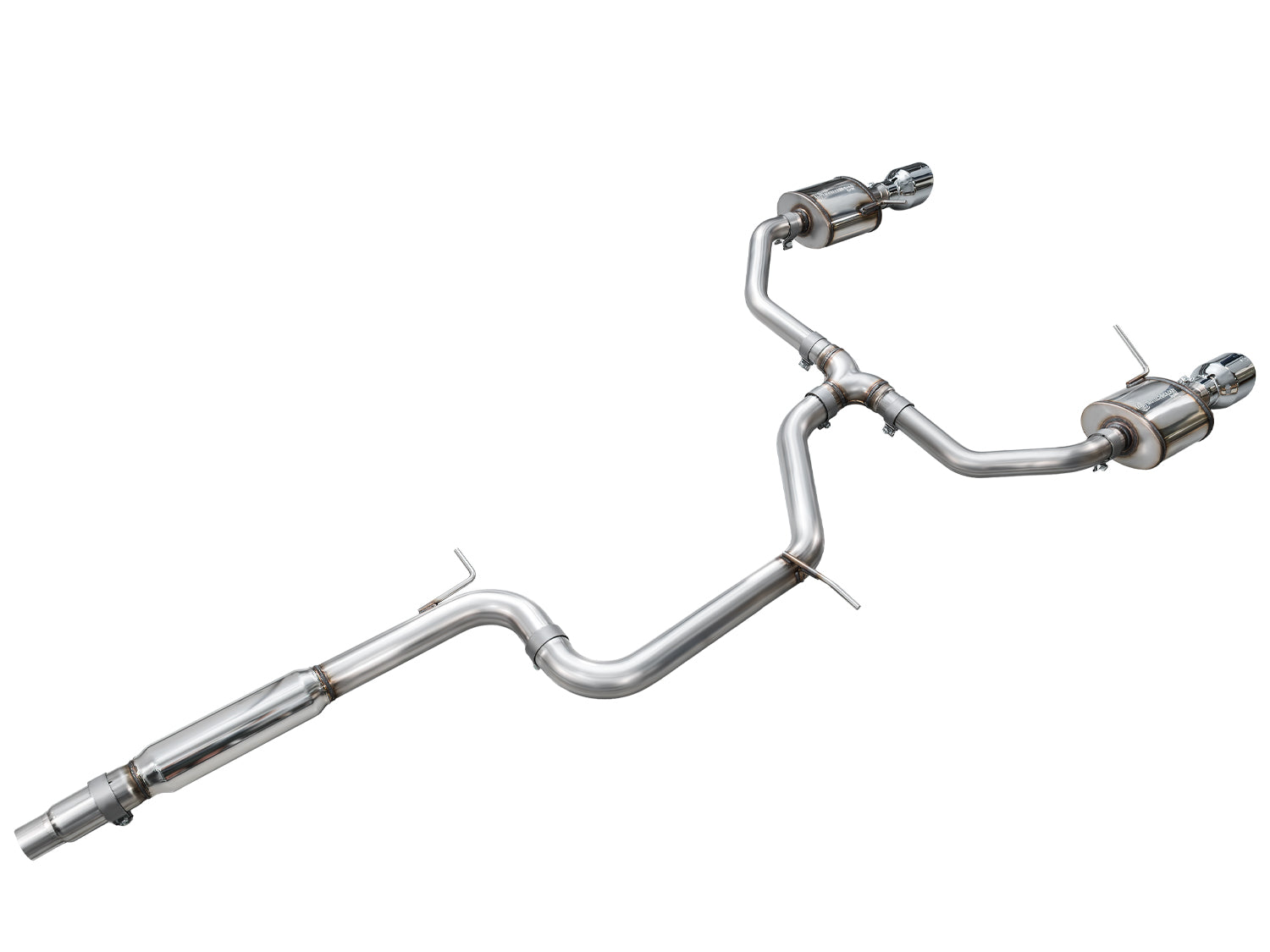 Top-down view of the AWE GLI Touring system showing the T-merge and both rear mufflers