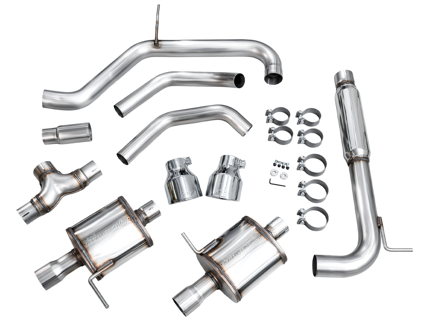 AWE GLI Touring Edition kit laid out: inlet adapter, pipes, mufflers, clamps and Chrome tips