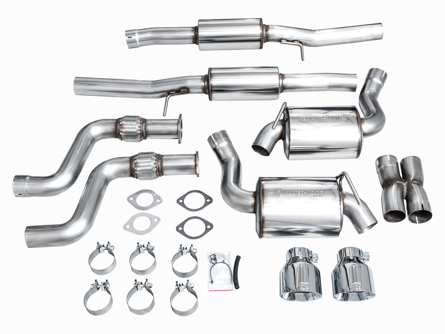 Every part in the AWE Nissan Z Touring box: pipes, X-pipe, resonators, tips, plates, clamps