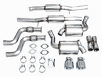 Every part in the AWE Nissan Z Touring box: pipes, X-pipe, resonators, tips, plates, clamps