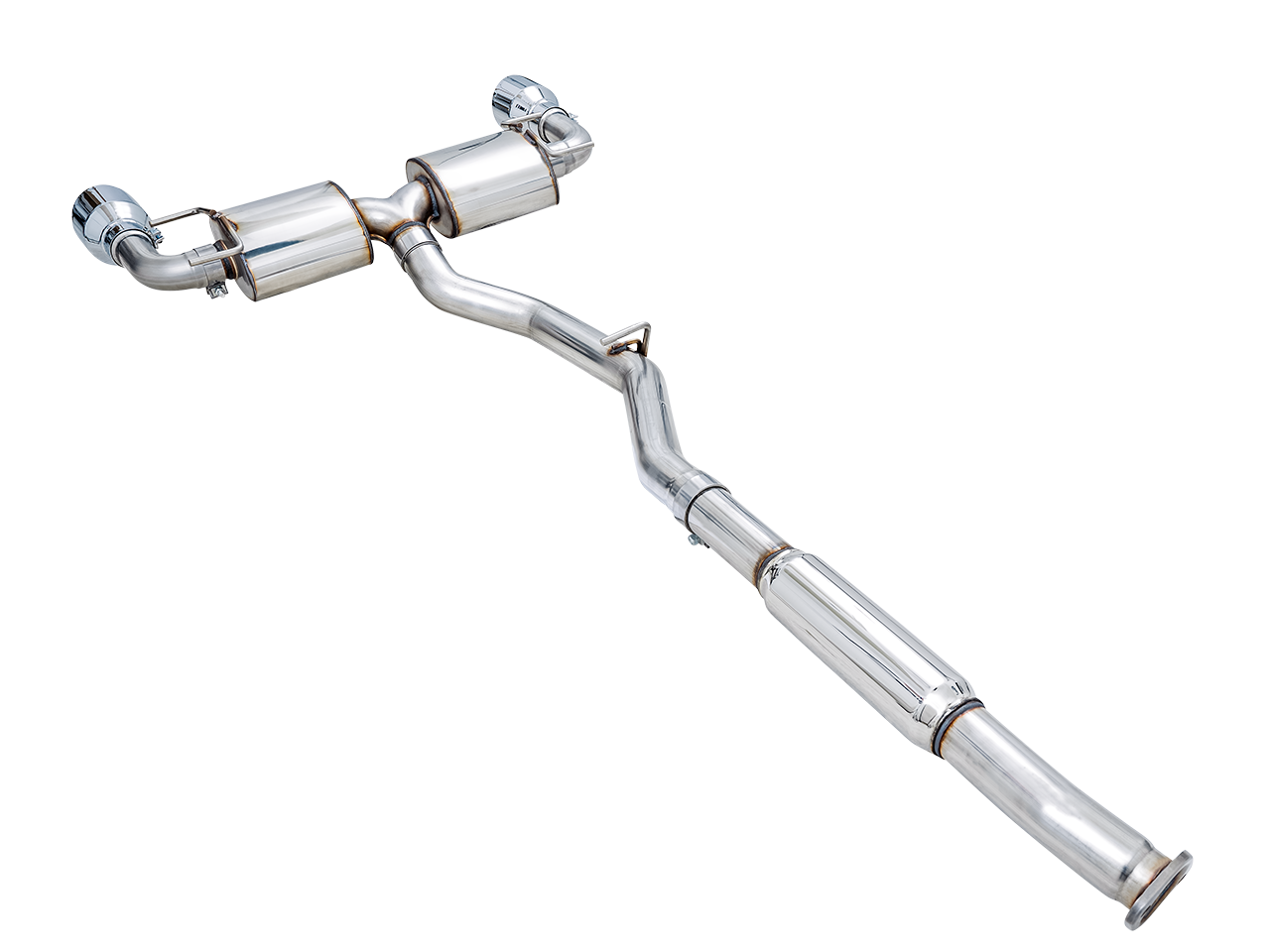 AWE Touring Edition exhaust for Subaru BRZ, full-length side view with mid-pipe resonator and Chrome Silver tips