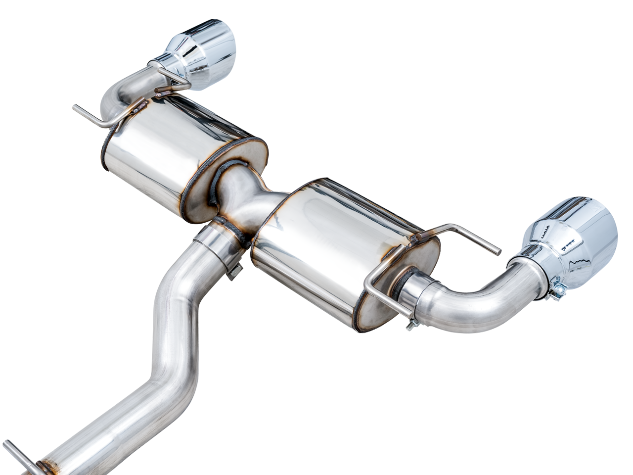 AWE Touring Edition exhaust for Subaru BRZ, rear section with twin 180 Technology resonators and Chrome Silver tips