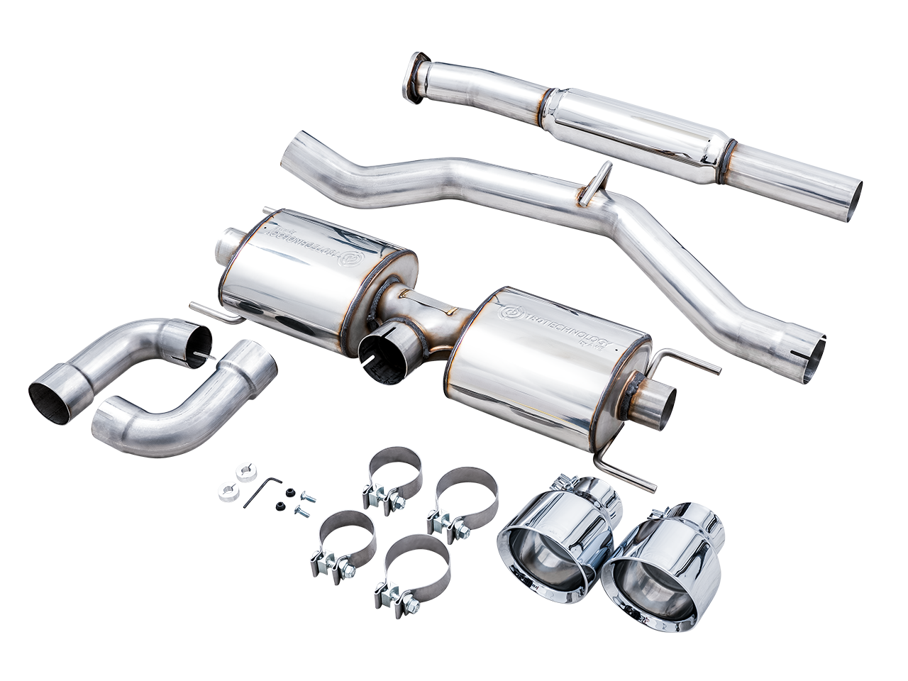 AWE Touring Edition exhaust for Subaru BRZ, parts laid out with clamps, hangers and two Chrome Silver tips