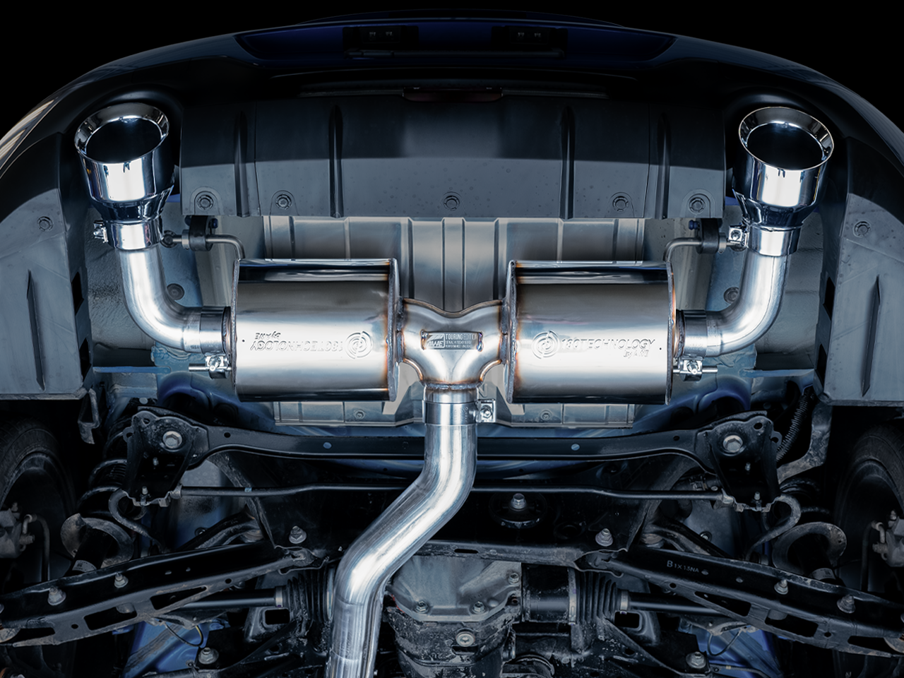 AWE Touring Edition exhaust for Subaru BRZ, underside view of the installed system with Chrome Silver tips