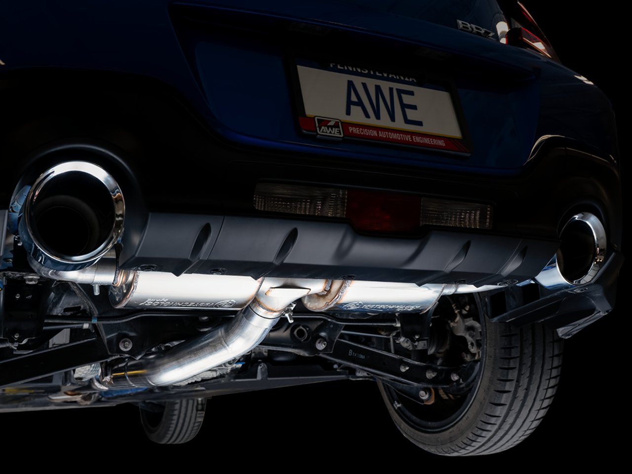 AWE Touring Edition exhaust for Subaru BRZ, close-up of a 5-inch Chrome Silver tip below the rear bumper