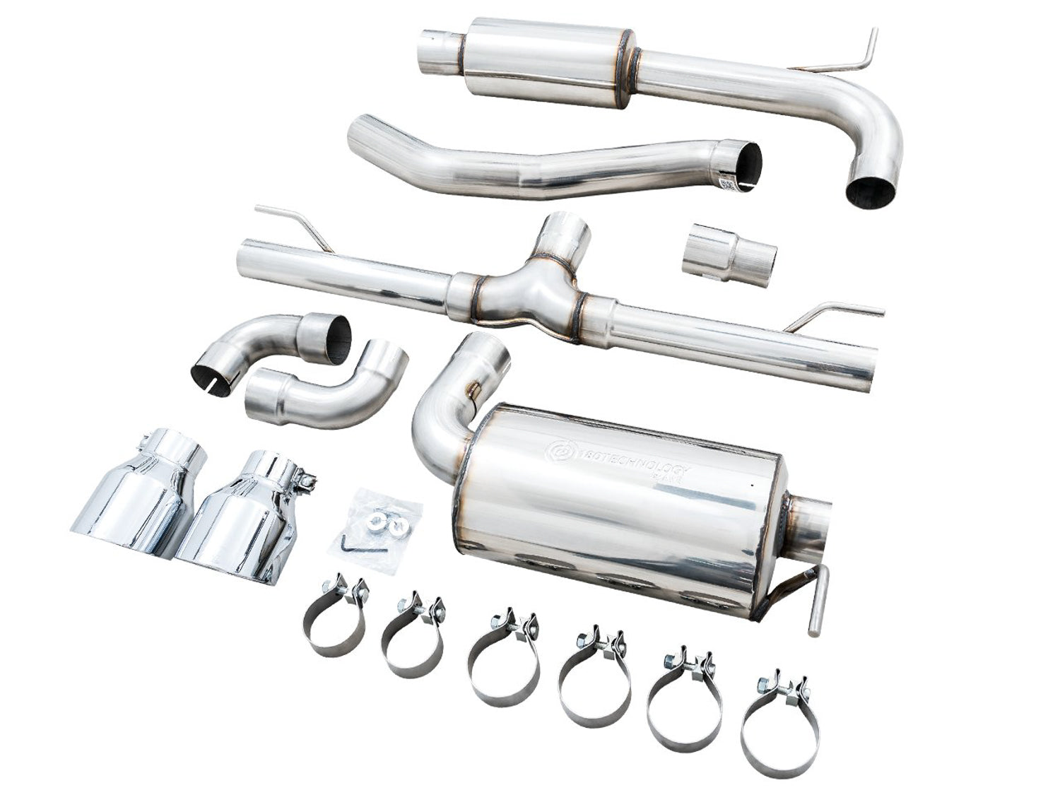 AWE Touring Edition GTI kit laid out: pipes, resonator, tips and band clamps