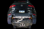 Underside view of the AWE Touring Edition exhaust installed on a Mk7 GTI, rear section and mufflers