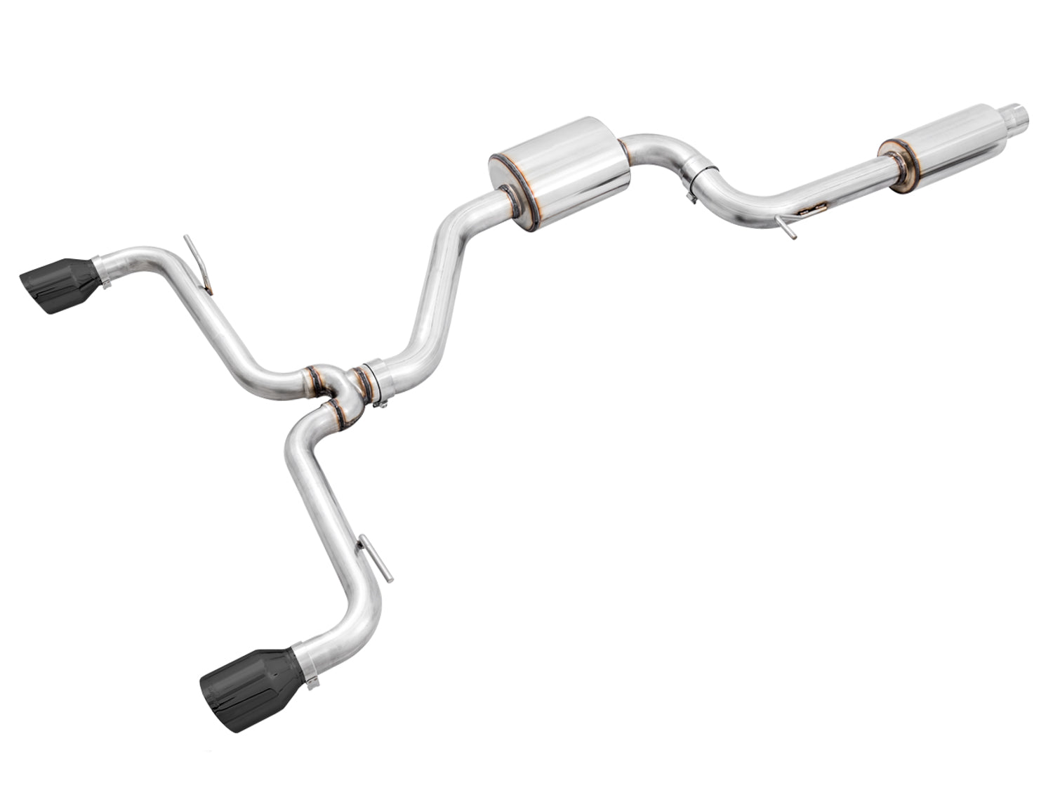 AWE Touring Edition GTI Mk7.5 exhaust on white, mid-muffler and Diamond Black tips