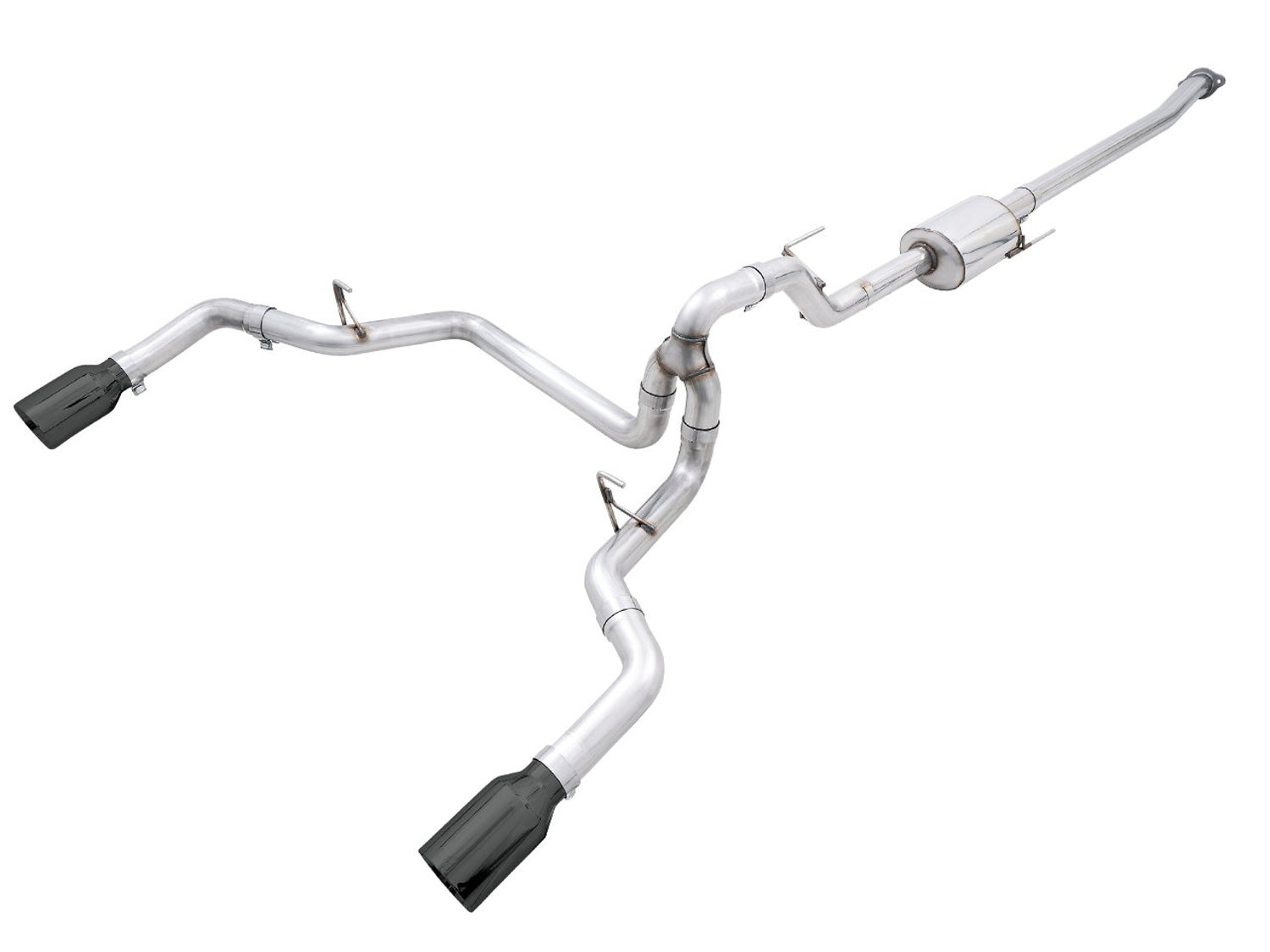 AWE 0FG F-150 dual split rear cat-back laid out with 5-inch Diamond Black tips