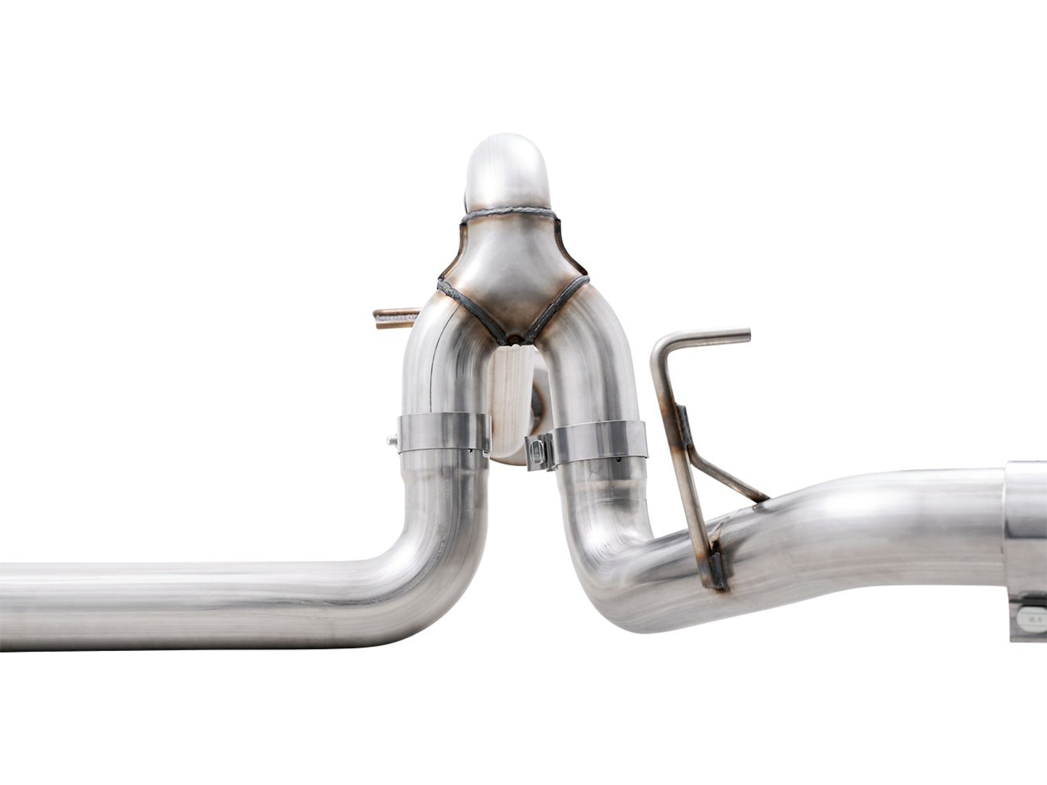 Close-up of the AWE 0FG split rear Y-junction in T304L stainless steel