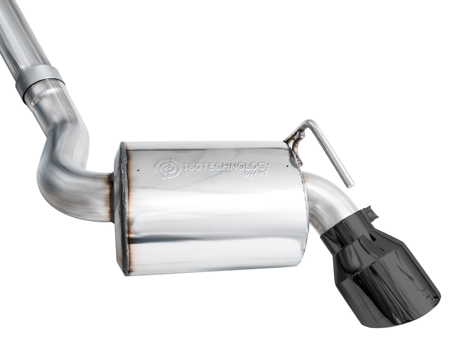 Side view of one AWE Nissan Z Touring rear resonator ending in a black 5-inch tip