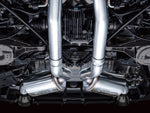 Straight-up underbody view of the AWE dual 3-inch pipes and X-pipe on a Nissan Z