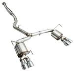 Angled view of the AWE WRX Touring mufflers and dual-exit chrome tips on a white backdrop