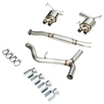 Every part of the AWE VA WRX Touring Edition laid out with clamps and four chrome tips
