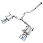 AWE EJ25 STI Touring cat-back on white with 180 Technology rear mufflers and chrome quad tips