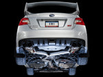 Underside of a VA WRX STI on a black backdrop showing the AWE Touring Edition routing