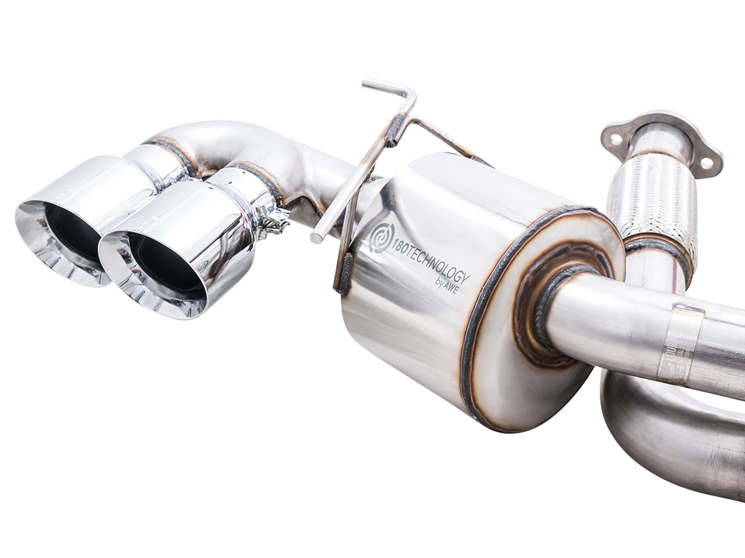 Close-up of an AWE 180 Technology muffler and twin chrome tips on the C8 Touring Edition
