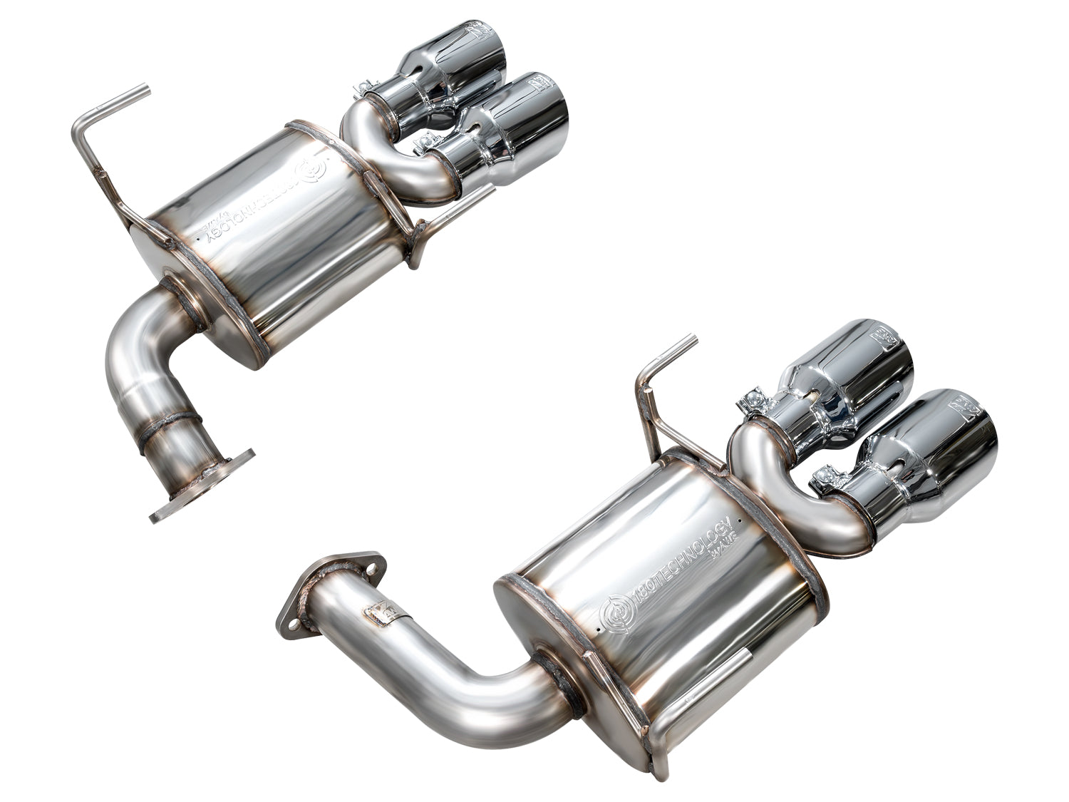 AWE Touring axle-back sections showing the OEM-matched inlet flanges and mufflers