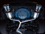 Underside of a blue VB WRX showing the installed AWE Touring Y-pipe and rear resonators