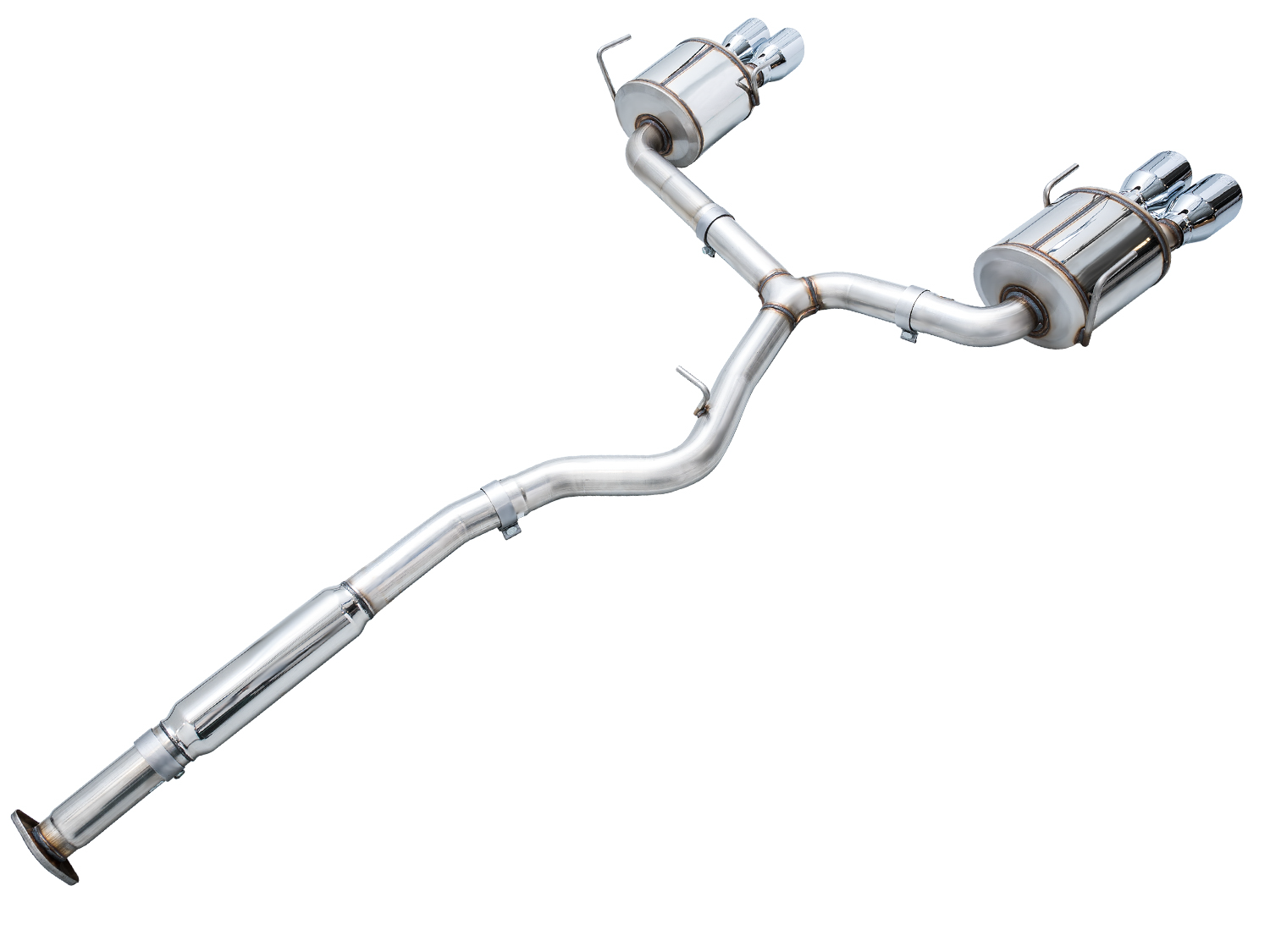 Full-length side view of the AWE Touring cat-back from slip-fit inlet to rear resonators