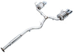 Full-length side view of the AWE Touring cat-back from slip-fit inlet to rear resonators