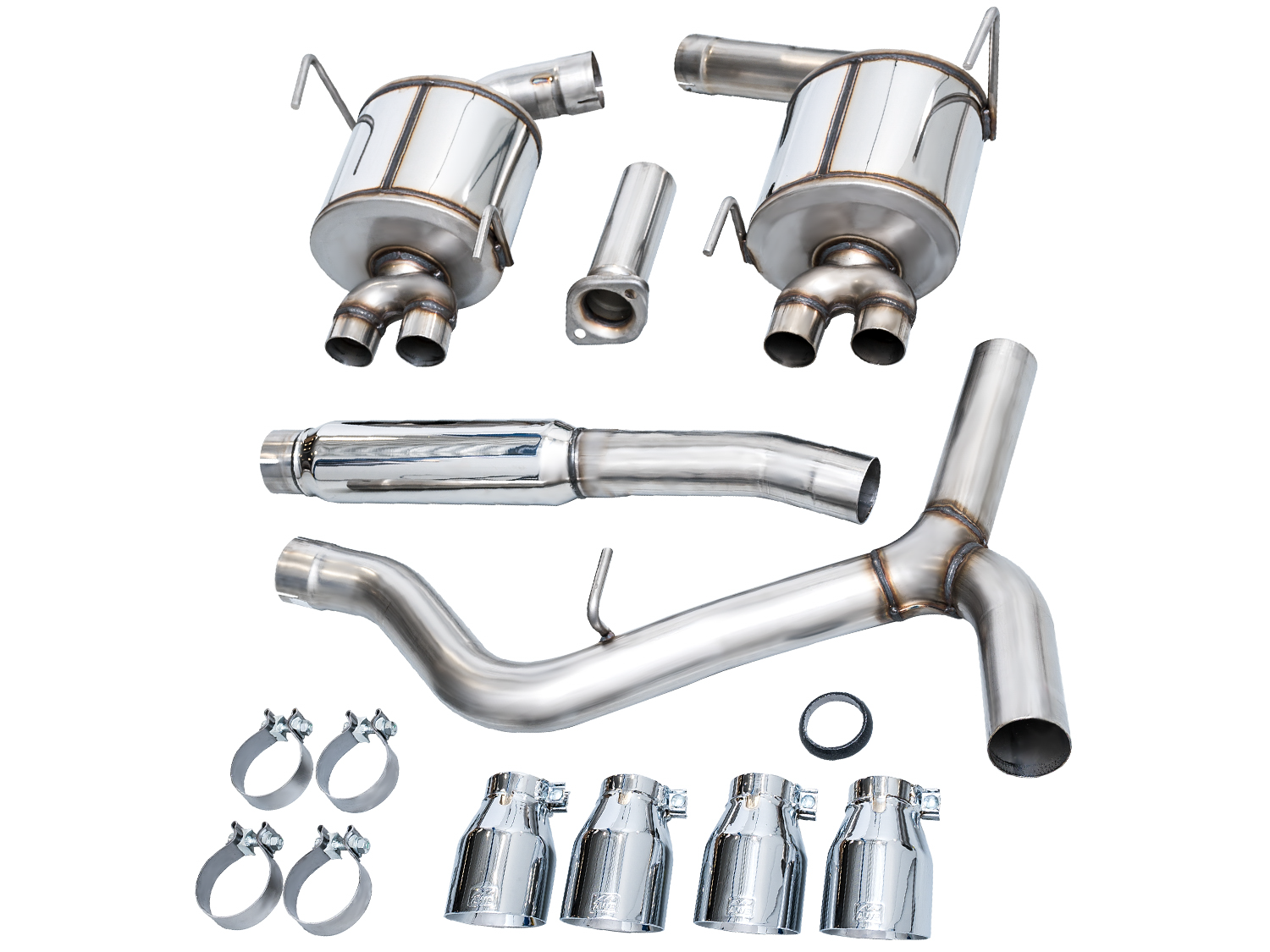 AWE Touring Edition WRX cat-back parts: pipes, two resonators, clamps and four Chrome Silver tips