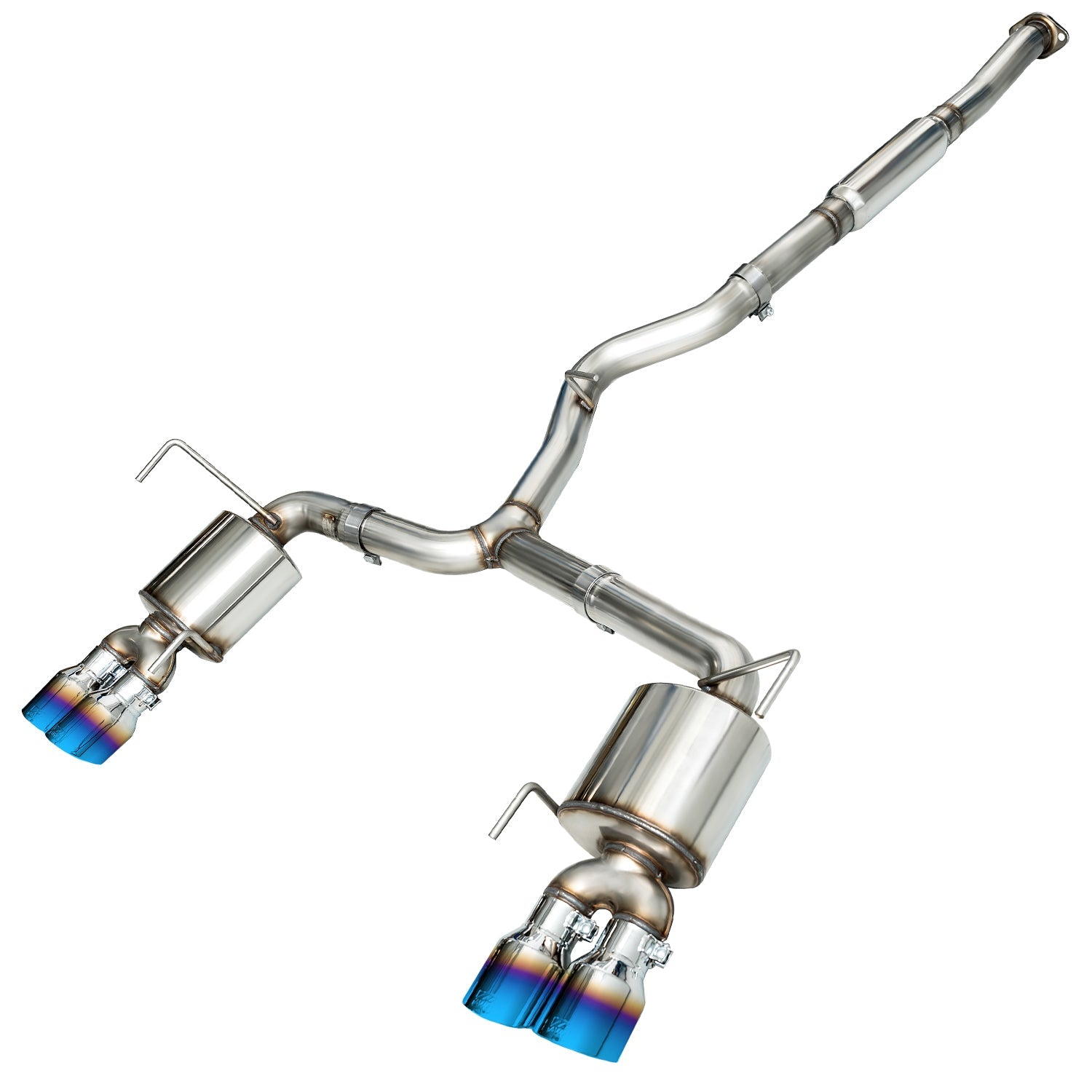 AWE WRX Touring cat-back on white ending in Vapor Blue double-walled quad tips