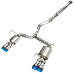 AWE WRX Touring cat-back on white ending in Vapor Blue double-walled quad tips