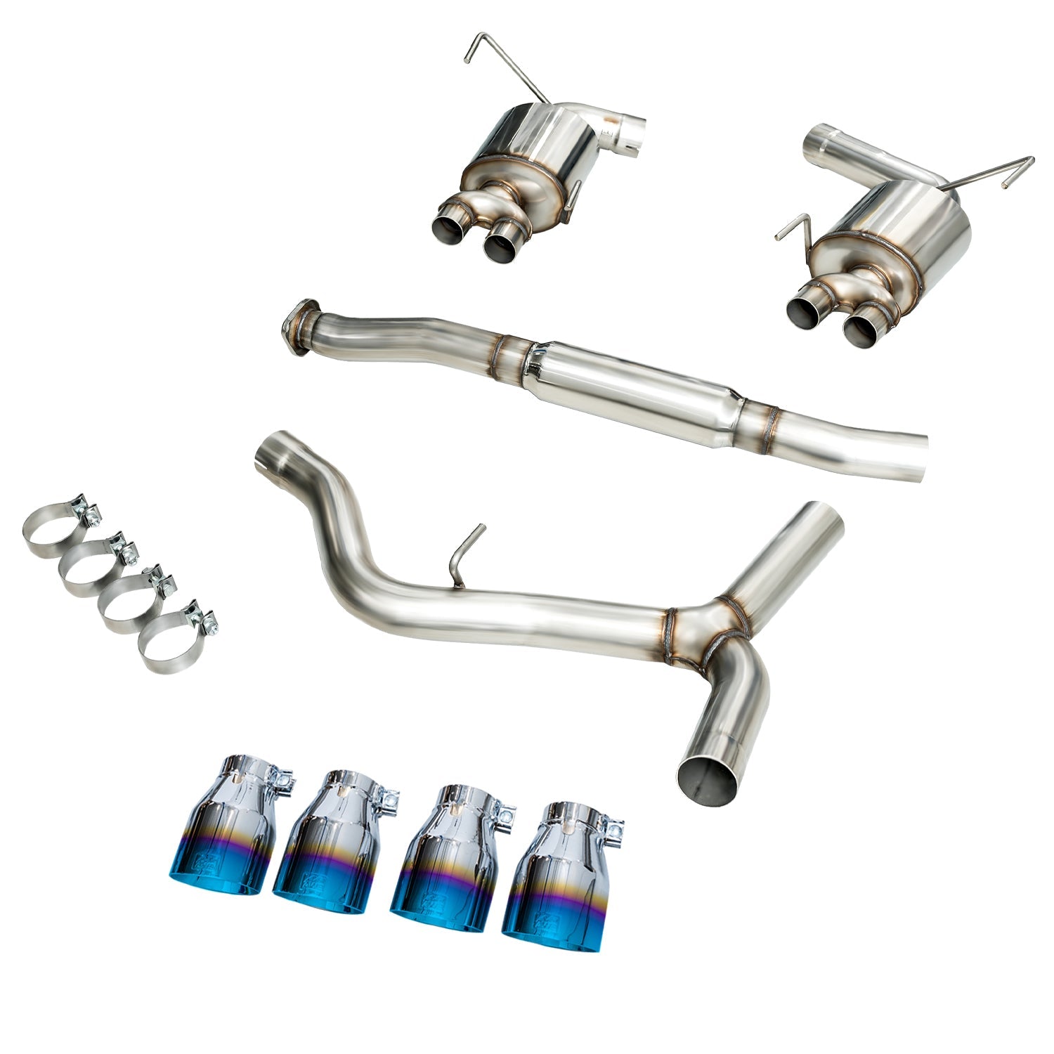 AWE VA WRX Touring sections laid out on white beside four Vapor Blue tips and clamps
