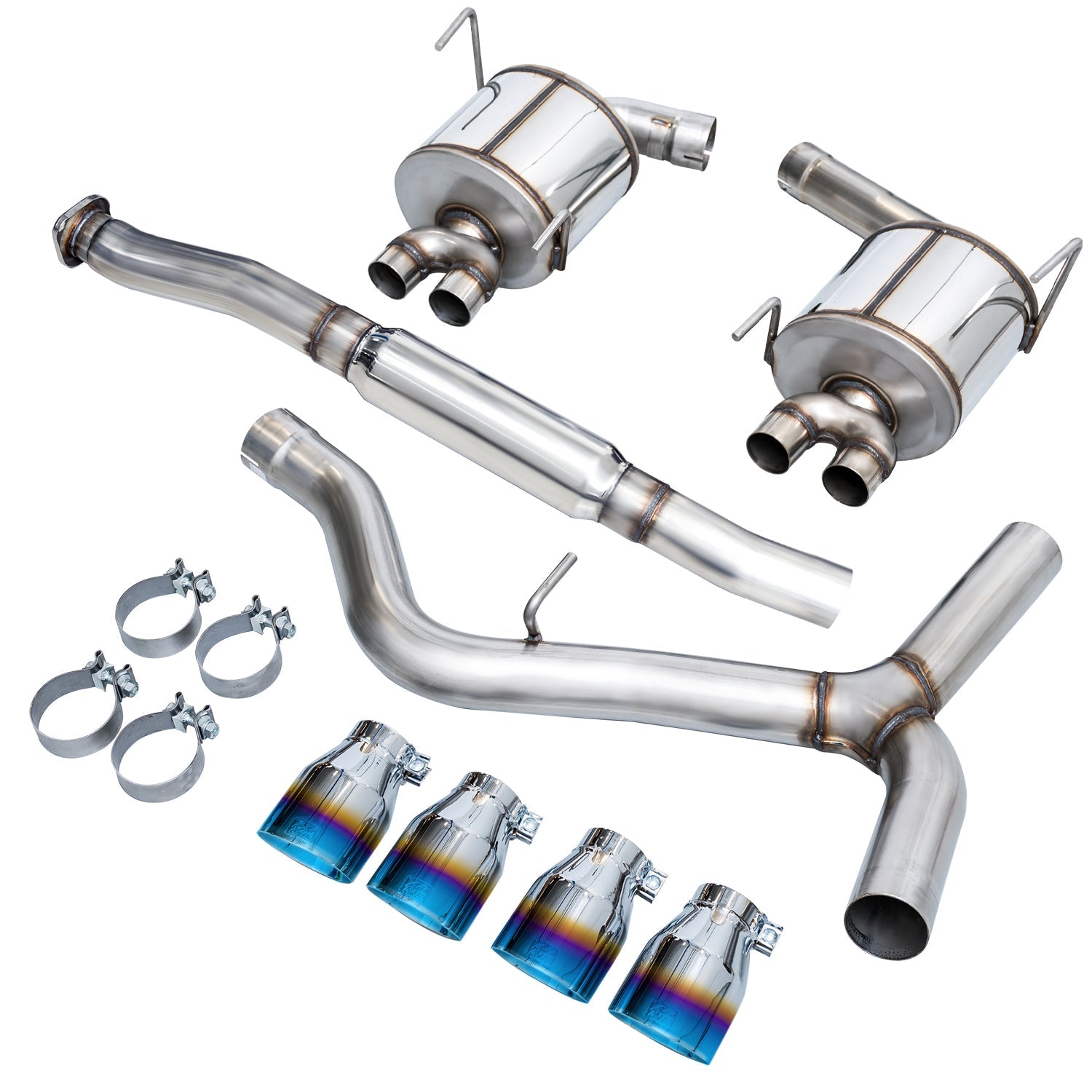 AWE STI Touring sections laid out on white with four Vapor Blue tips and band clamps