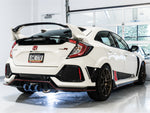 White FK8 Type R rear three-quarter view in a garage showing AWE Vapor Blue tips