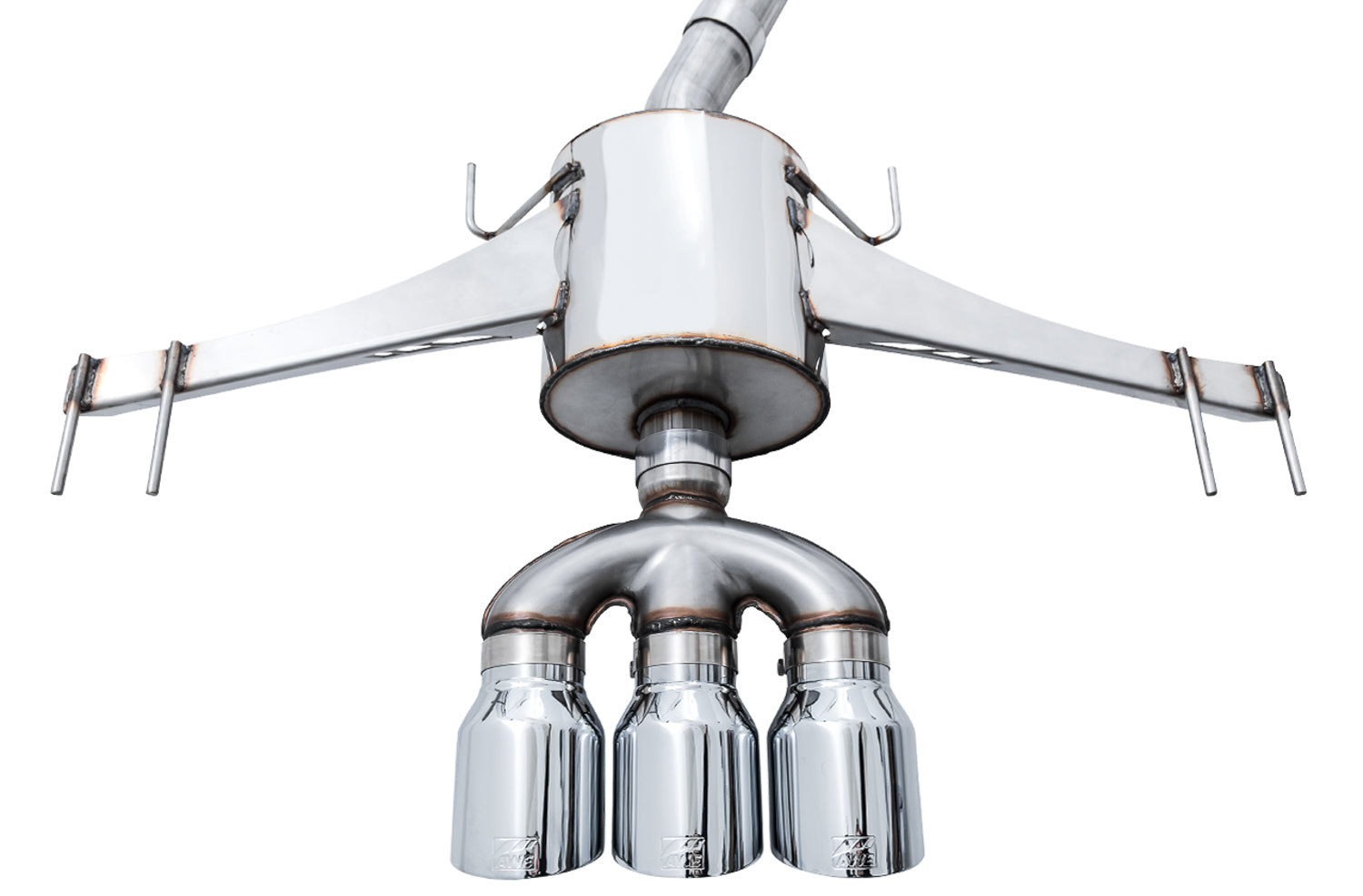 Rear view of the AWE FK8 180 Technology muffler, hanger arms and trident chrome tips