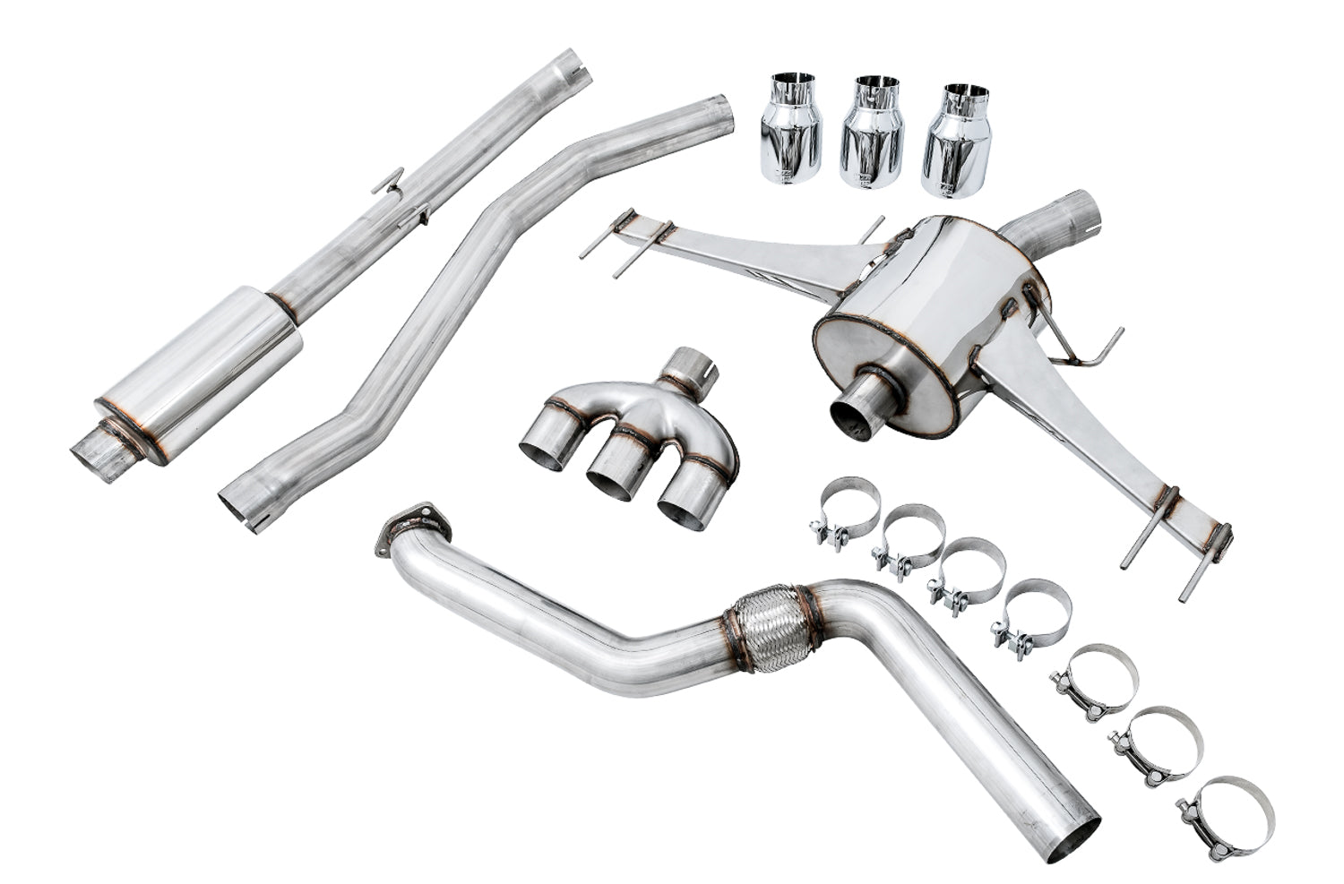 All parts in the AWE FK8 Touring box: front pipe, mid pipes, muffler, trident merge, tips, clamps