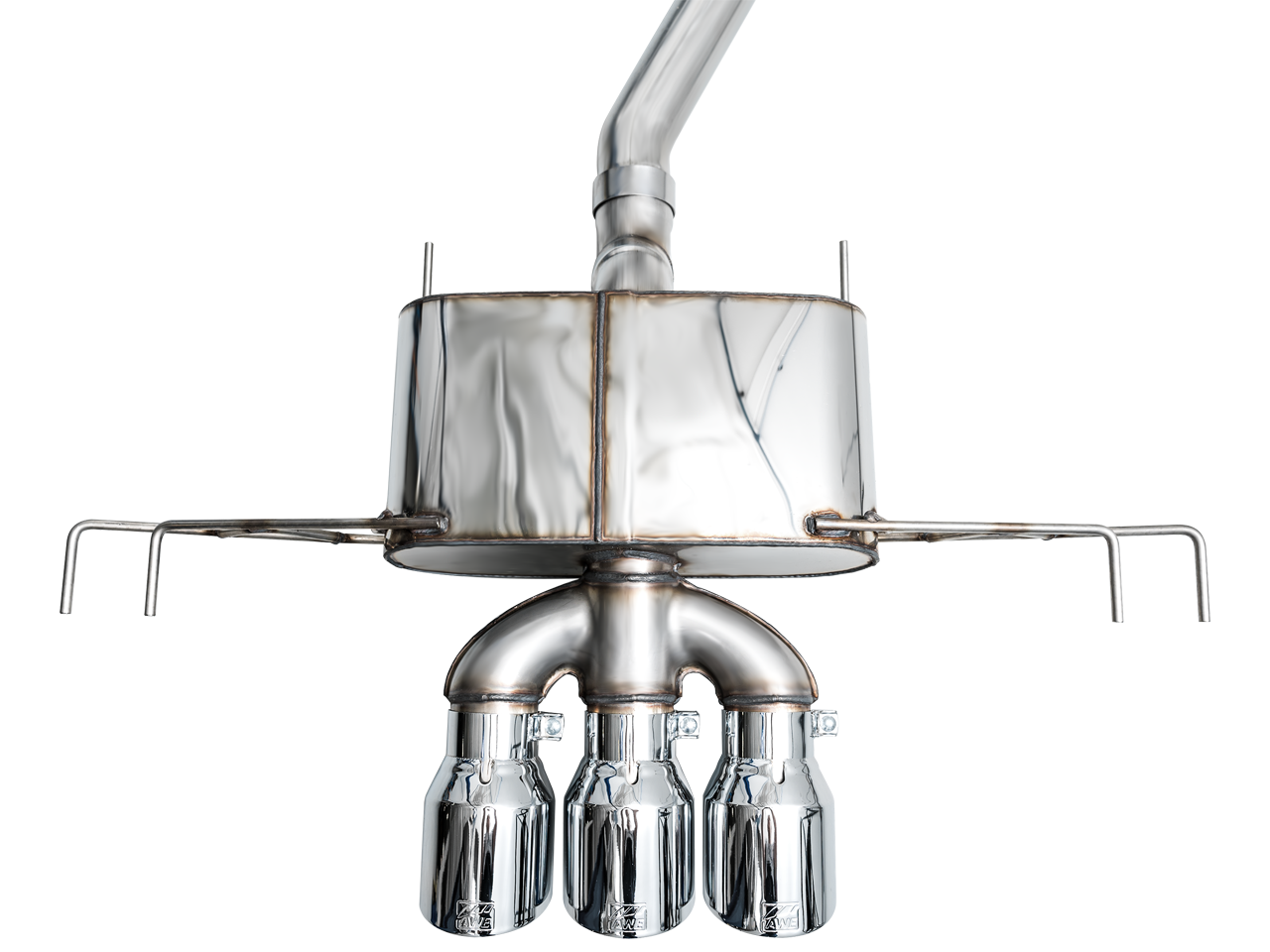 Rear view of the AWE FL5 180 Technology muffler, hanger frame and trident chrome tips