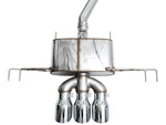 Rear view of the AWE FL5 180 Technology muffler, hanger frame and trident chrome tips