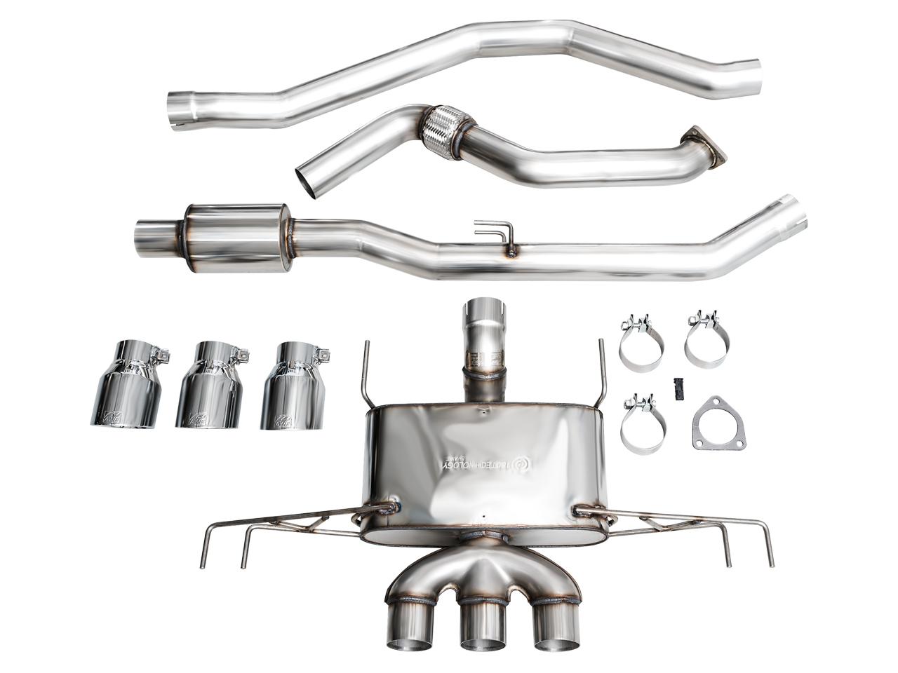 All parts in the AWE FL5 Touring box: front pipe, midpipe, muffler, three tips, clamps