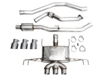 All parts in the AWE FL5 Touring box: front pipe, midpipe, muffler, three tips, clamps