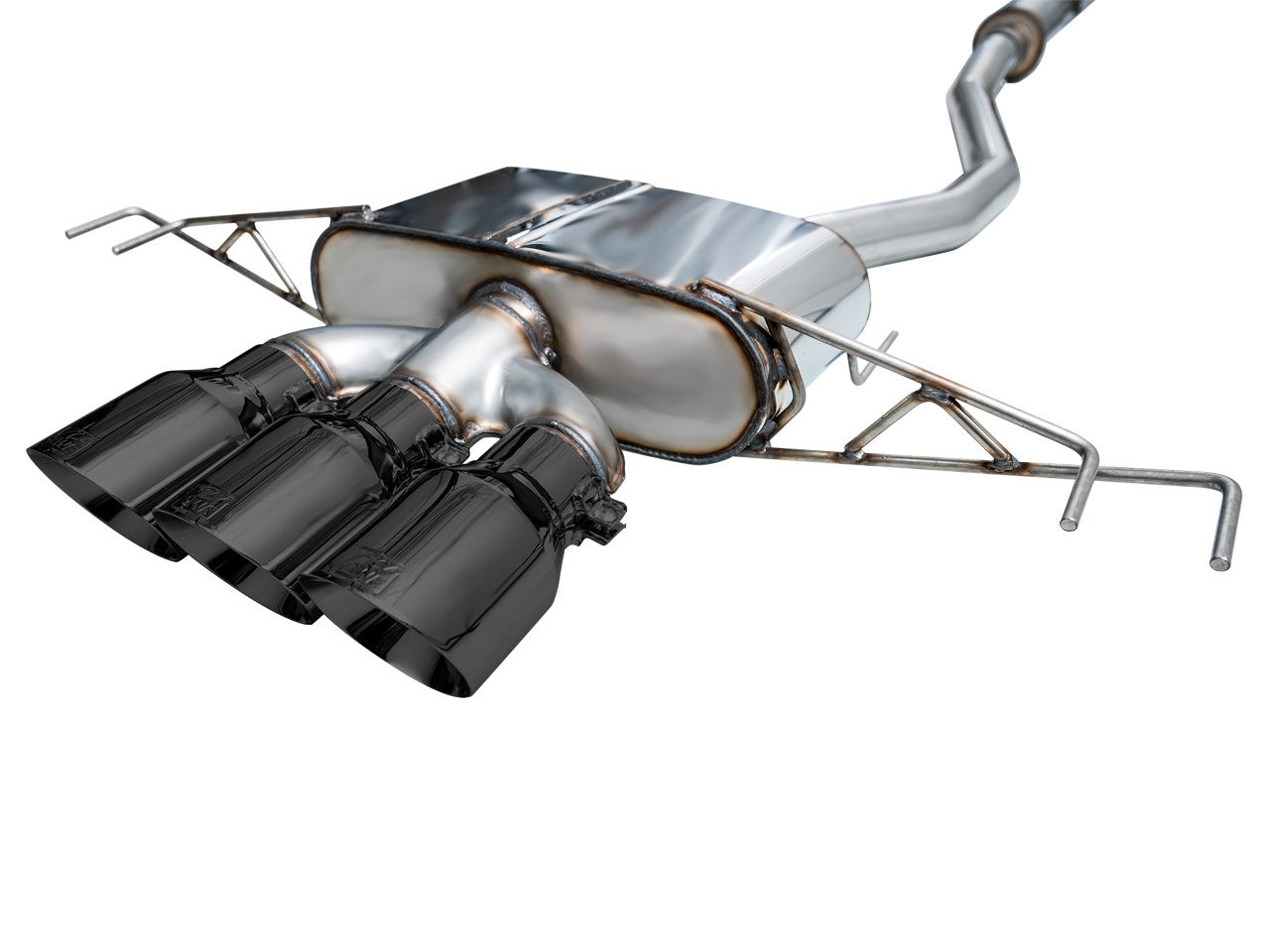 Angled view of the AWE Touring muffler and Diamond Black trident tips for the Civic Type R