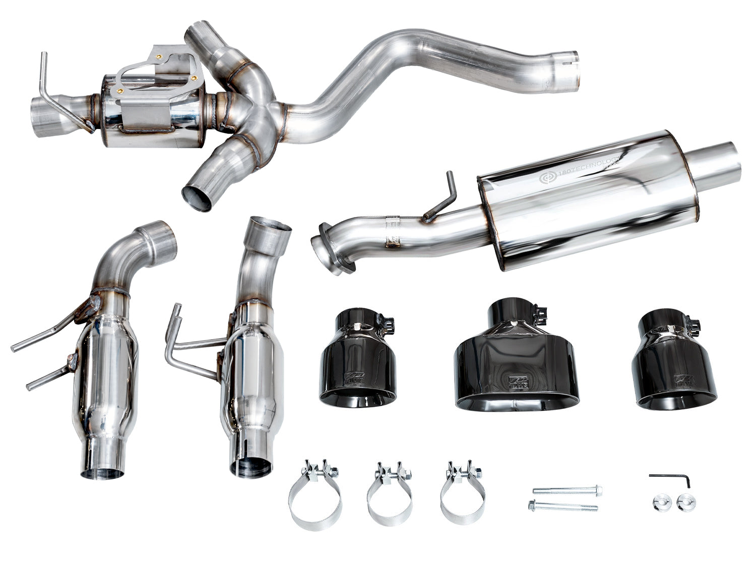 Every part in the AWE GR Corolla Touring box laid out: pipes, muffler, black tips and clamps