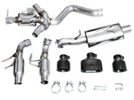 Every part in the AWE GR Corolla Touring box laid out: pipes, muffler, black tips and clamps