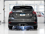 Straight-on rear of a gray Focus ST hatchback in a garage showing twin AWE center tips