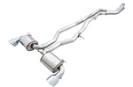 AWE Non-Resonated Touring GR Supra cat-back on white with straight mid pipes and chrome tips