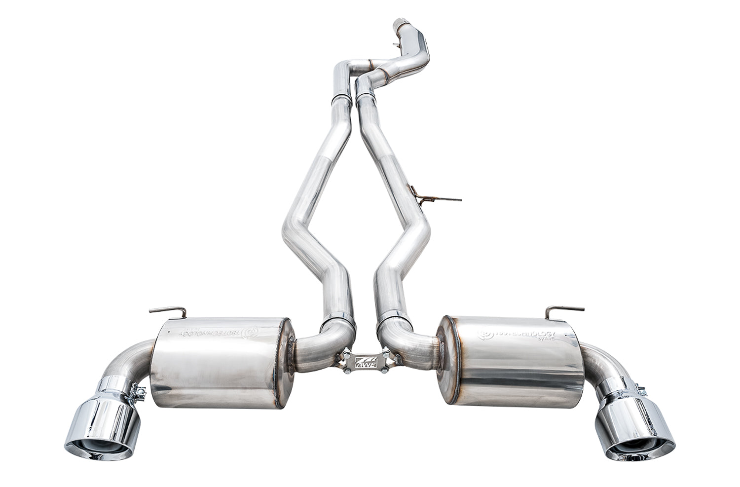 Top-down view of the AWE Non-Resonated Touring system showing both mufflers and the crossover