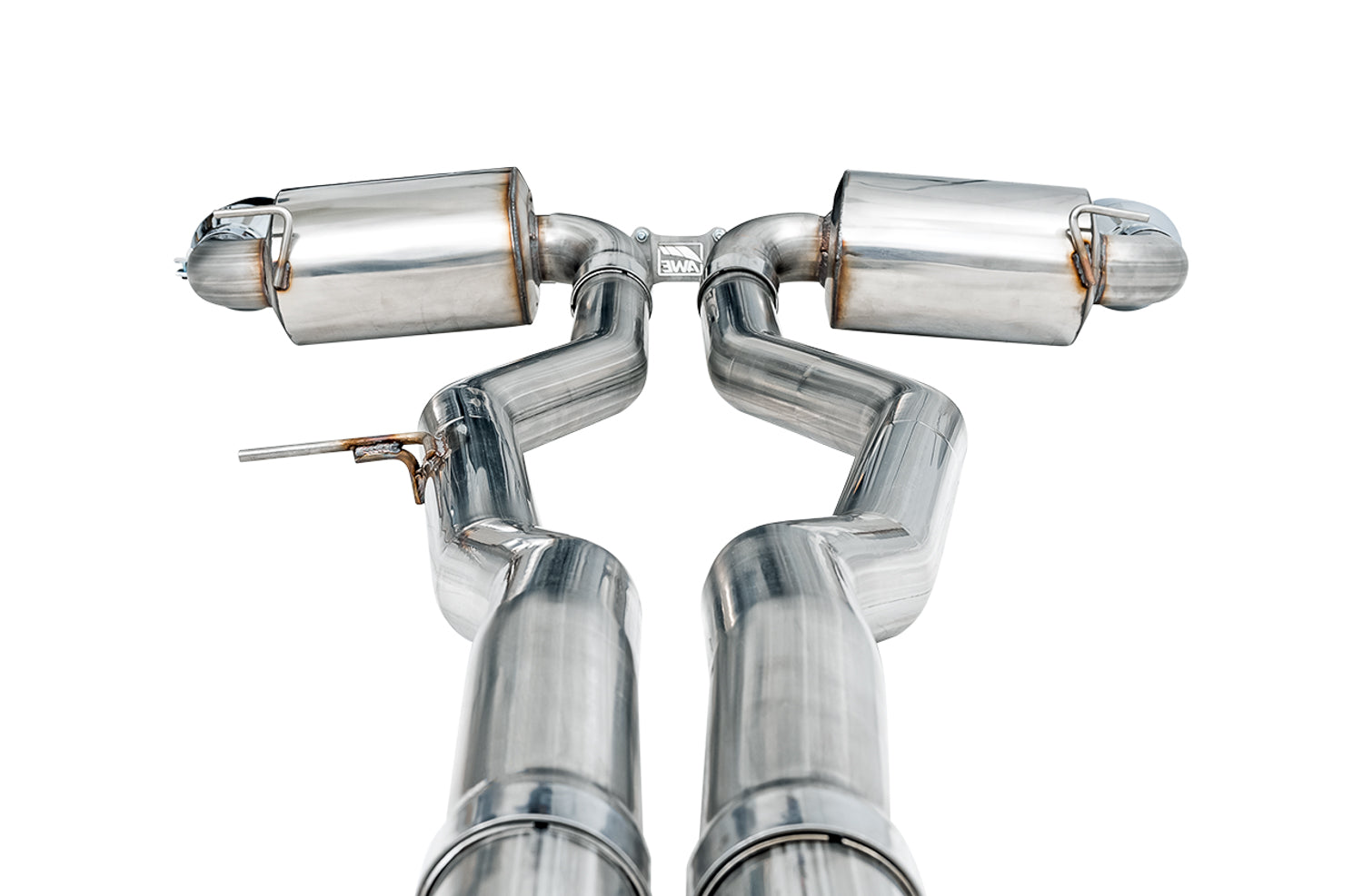 Front-on view of the AWE Supra non-resonated mid pipes running into the twin rear mufflers