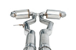Front-on view of the AWE Supra non-resonated mid pipes running into the twin rear mufflers