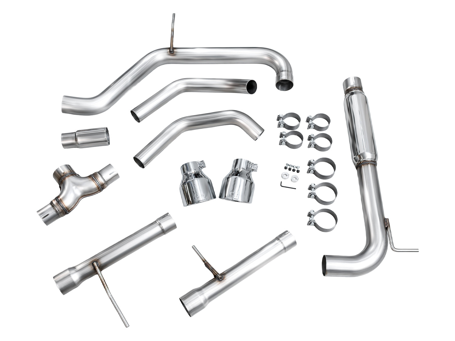 AWE GLI Track Edition kit laid out: inlet adapter, pipes, T-merge, clamps and Chrome tips