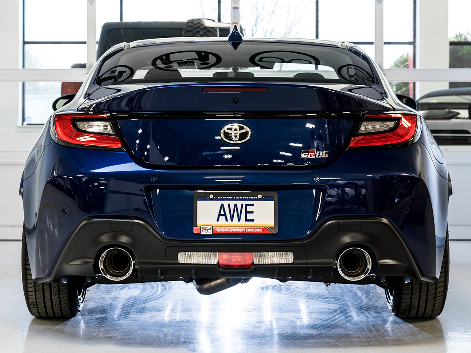 Toyota GR86 rear view with AWE Track Edition exhaust and Chrome Silver tips